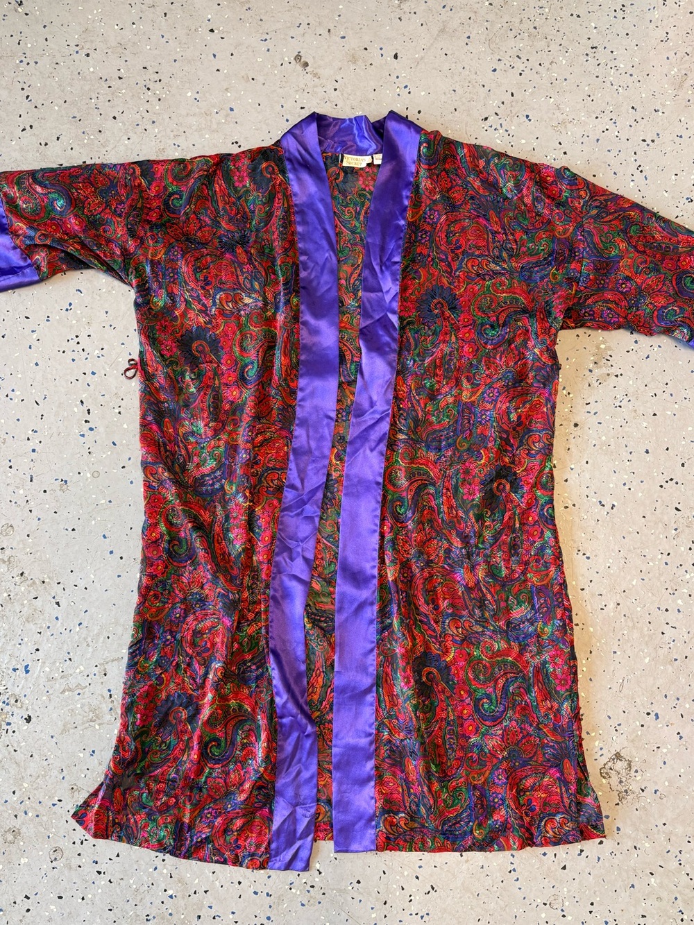 Victoria's Secret Red Paisley Satin Kimono with Purple Trim